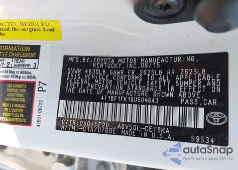 2016 Toyota Camry Se from USA, damaged, VIN 4T1BF1FK1GU504643